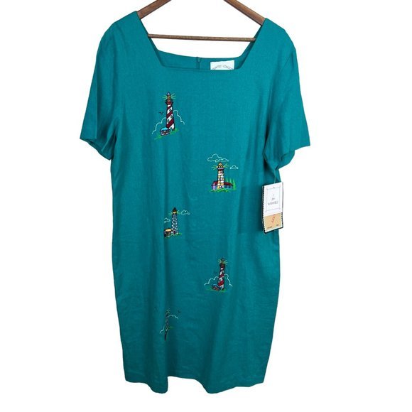 Country‎ Concepts Dress Large Teal Green Linen Cotton Midi Shift Lighthouse New - Picture 1 of 12